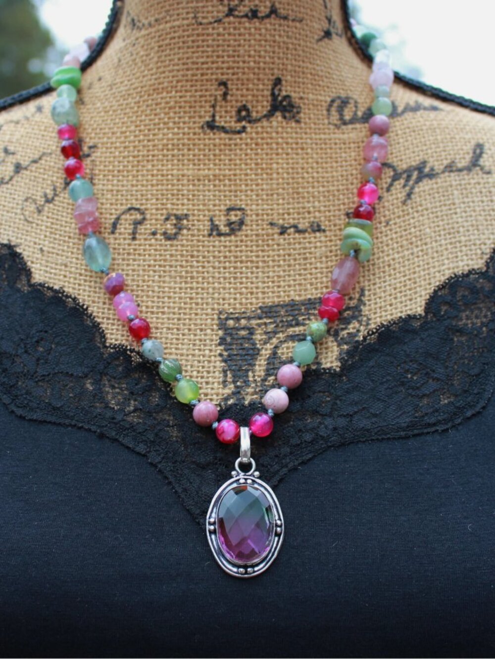 Beaded Gemstone Necklace in Pink and Green with Tourmaline Pendant - Picture 5 of 7